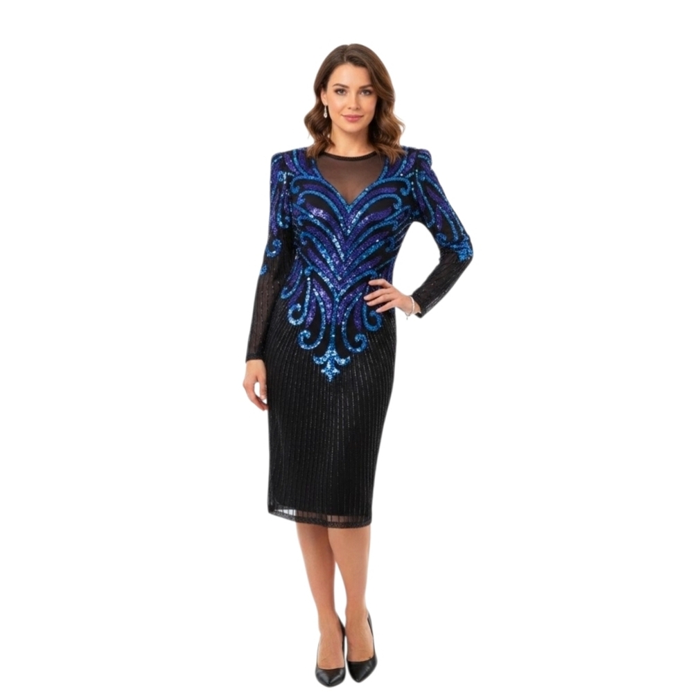 Vintage AJ Bari ArtDeco Silk and Beaded Dress Size 2 Embellished Blue Black Glam
